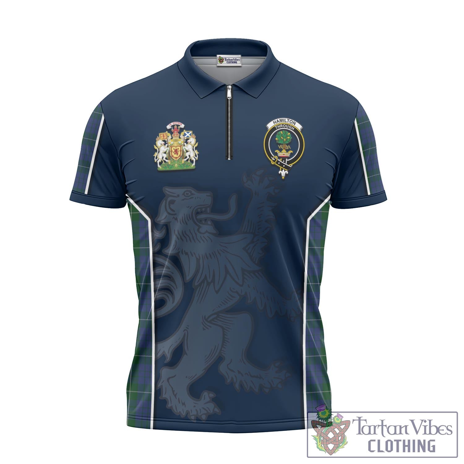 Tartan Vibes Clothing Hamilton Hunting Tartan Zipper Polo Shirt with Family Crest and Lion Rampant Vibes Sport Style