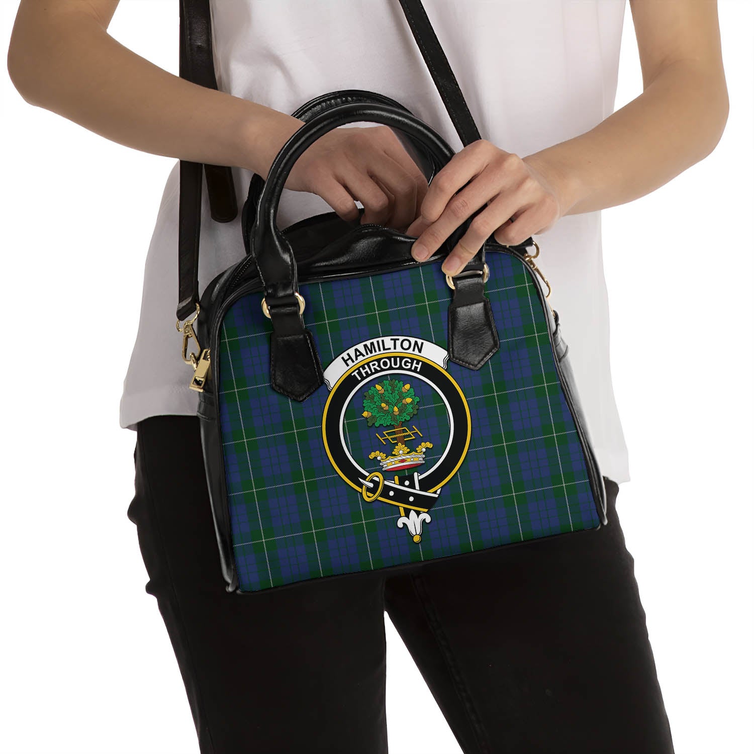 Hamilton Hunting Tartan Shoulder Handbags with Family Crest - Tartanvibesclothing