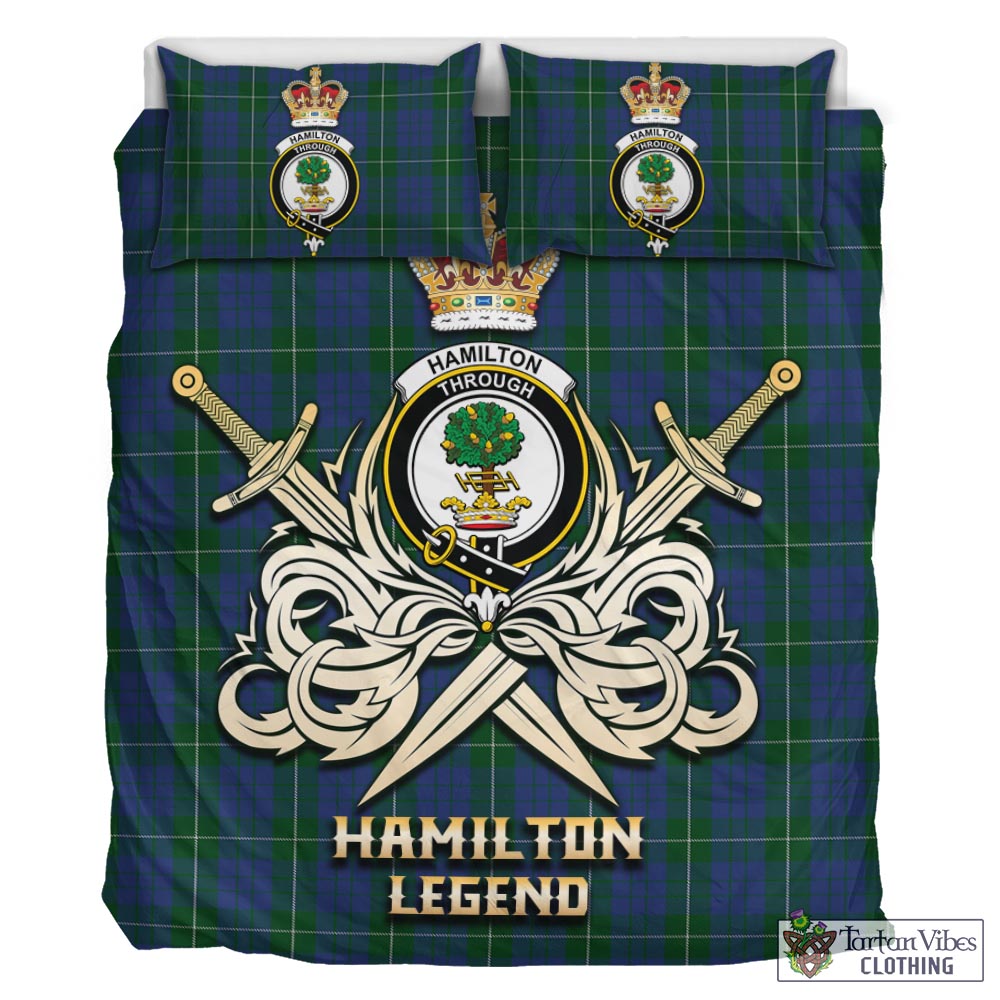 Tartan Vibes Clothing Hamilton Hunting Tartan Bedding Set with Clan Crest and the Golden Sword of Courageous Legacy