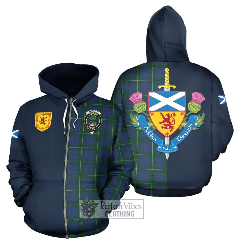 Tartan Vibes Clothing Hamilton Hunting Tartan Hoodie with Scottish Lion Royal Arm Half Style