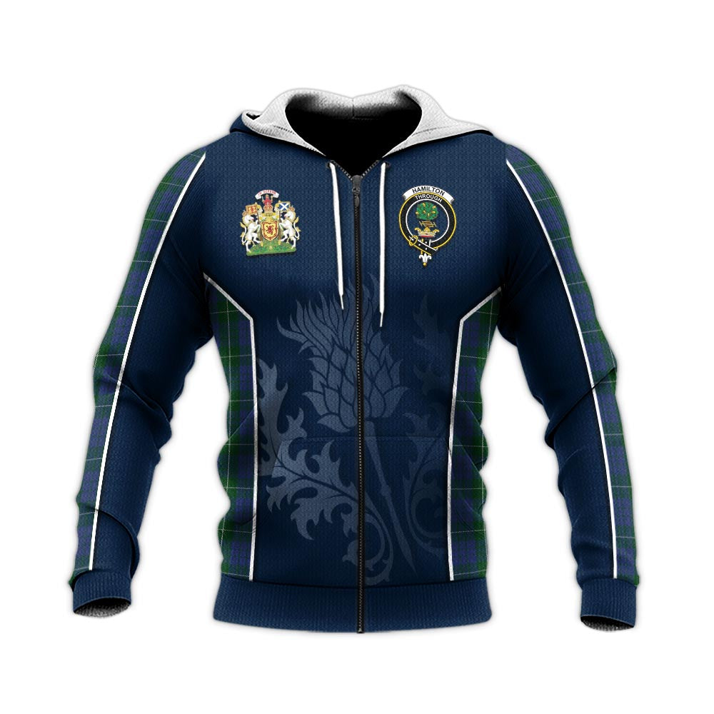 Tartan Vibes Clothing Hamilton Hunting Tartan Knitted Hoodie with Family Crest and Scottish Thistle Vibes Sport Style