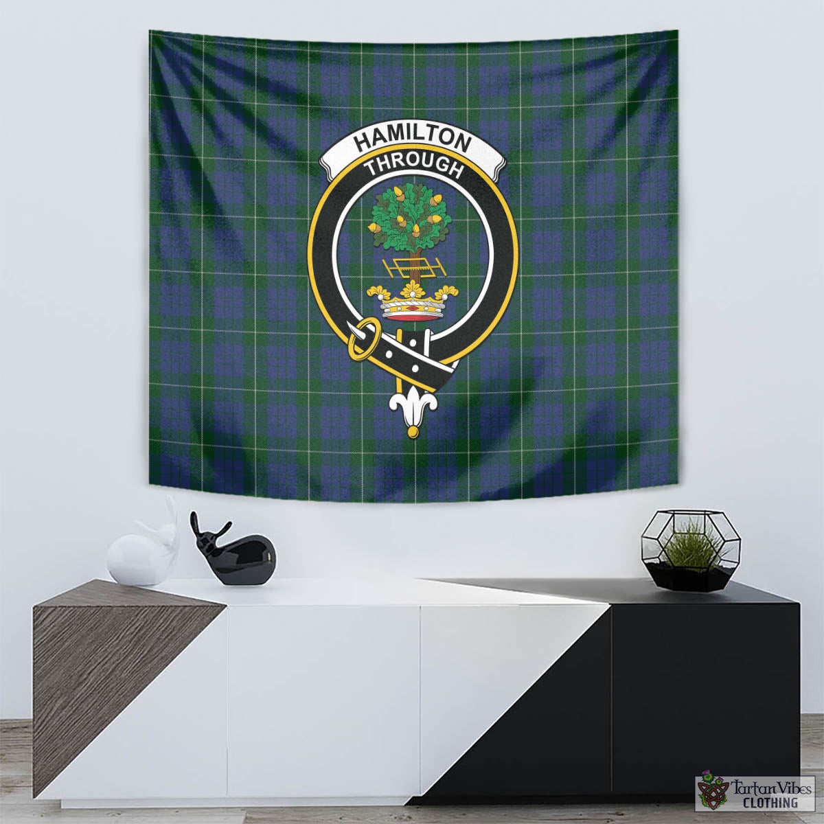 Tartan Vibes Clothing Hamilton Hunting Tartan Tapestry Wall Hanging and Home Decor for Room with Family Crest