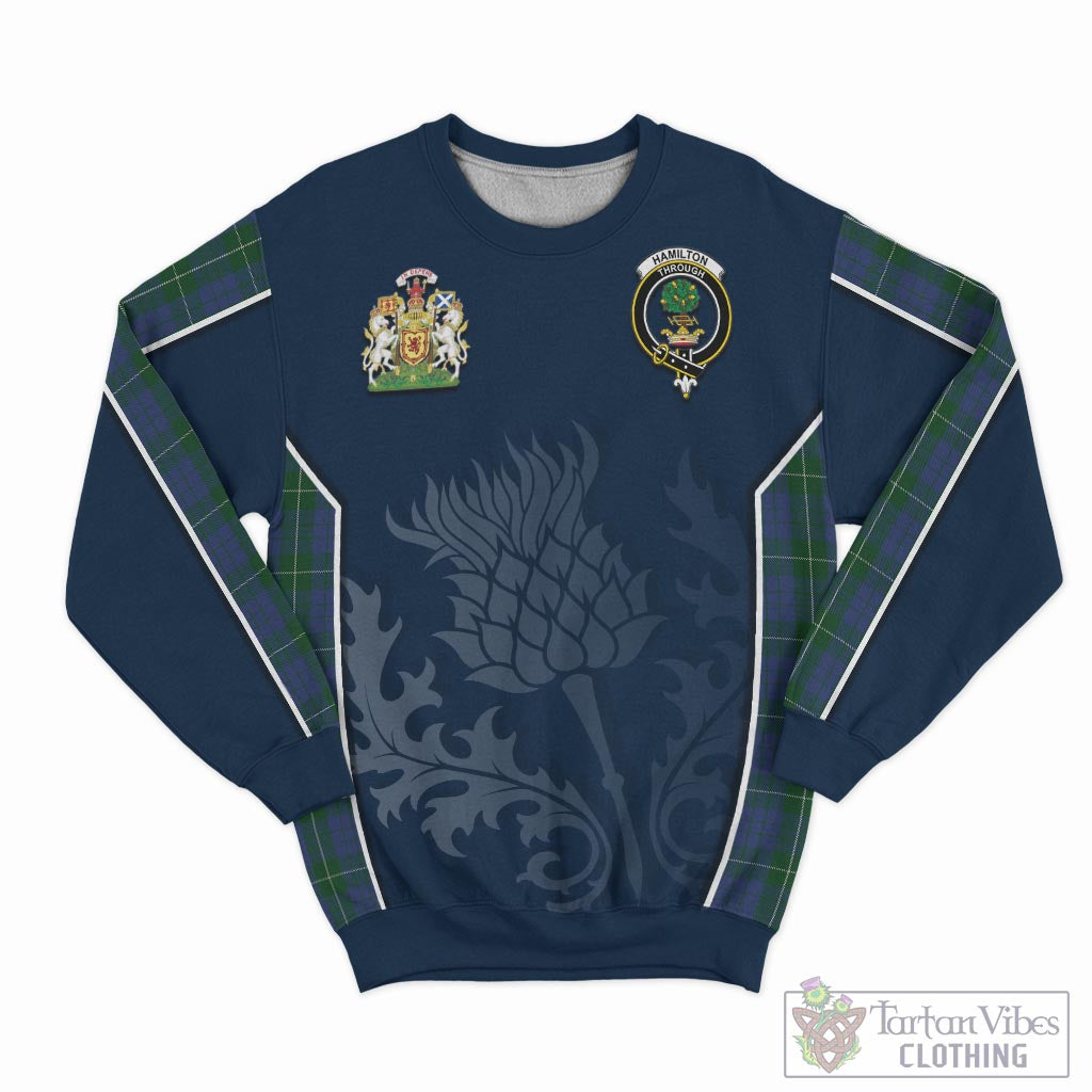 Tartan Vibes Clothing Hamilton Hunting Tartan Sweatshirt with Family Crest and Scottish Thistle Vibes Sport Style