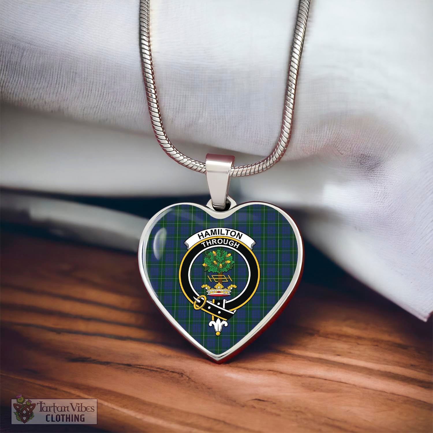 Tartan Vibes Clothing Hamilton Hunting Tartan Heart Necklace with Family Crest