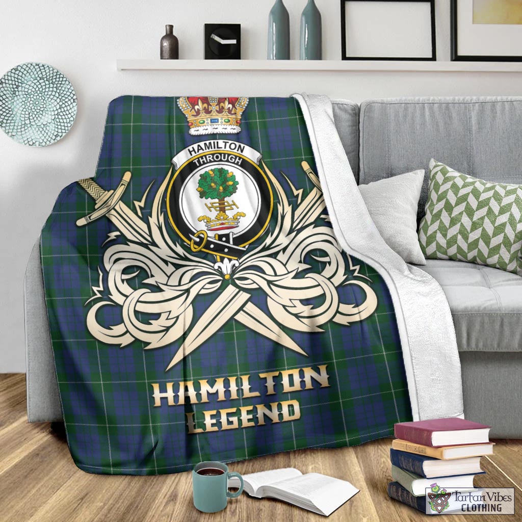 Tartan Vibes Clothing Hamilton Hunting Tartan Blanket with Clan Crest and the Golden Sword of Courageous Legacy