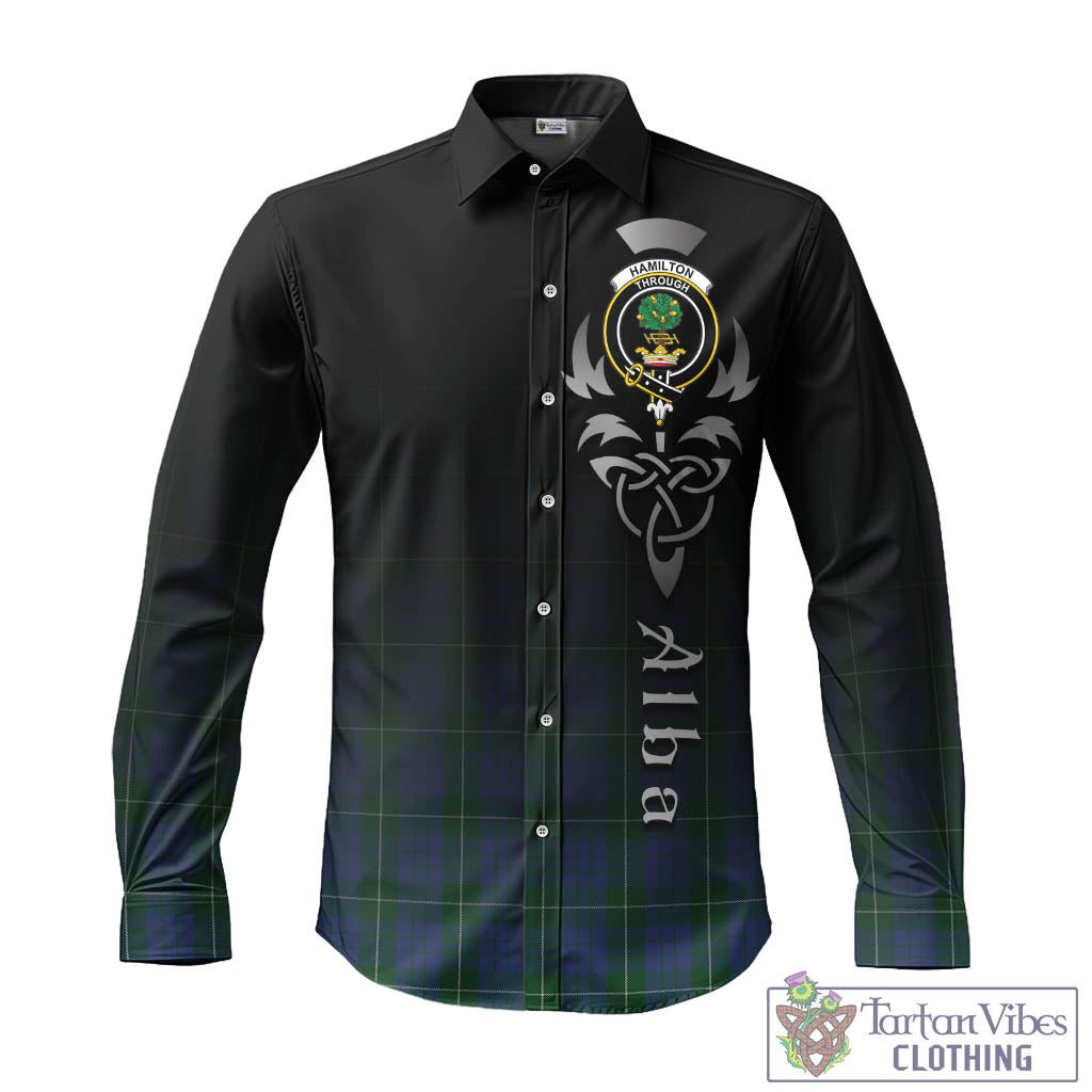 Tartan Vibes Clothing Hamilton Hunting Tartan Long Sleeve Button Up Featuring Alba Gu Brath Family Crest Celtic Inspired