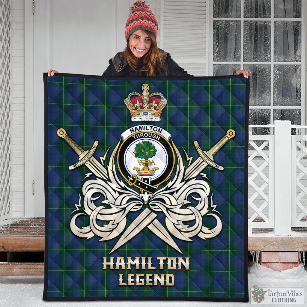 Tartan Vibes Clothing Hamilton Hunting Tartan Quilt with Clan Crest and the Golden Sword of Courageous Legacy