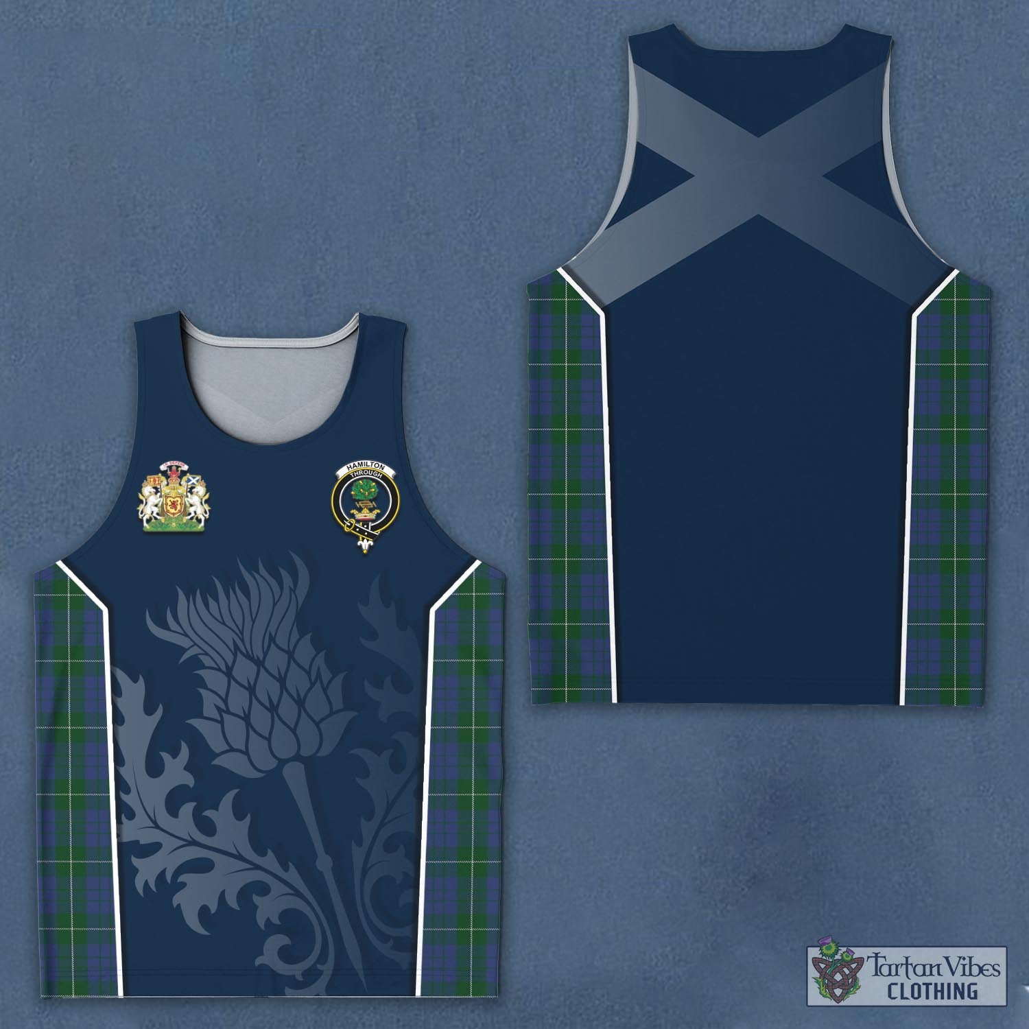 Tartan Vibes Clothing Hamilton Hunting Tartan Men's Tanks Top with Family Crest and Scottish Thistle Vibes Sport Style