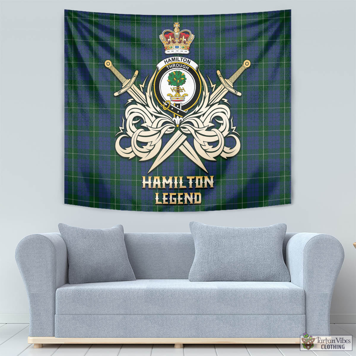 Tartan Vibes Clothing Hamilton Hunting Tartan Tapestry with Clan Crest and the Golden Sword of Courageous Legacy