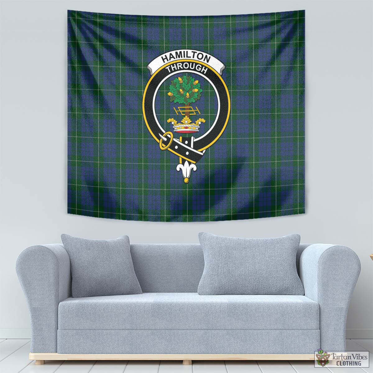 Tartan Vibes Clothing Hamilton Hunting Tartan Tapestry Wall Hanging and Home Decor for Room with Family Crest