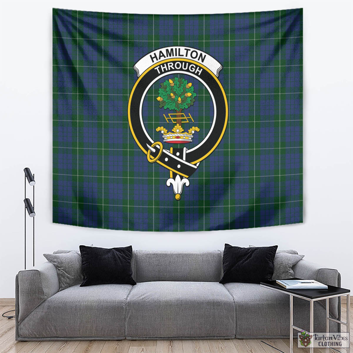 Tartan Vibes Clothing Hamilton Hunting Tartan Tapestry Wall Hanging and Home Decor for Room with Family Crest