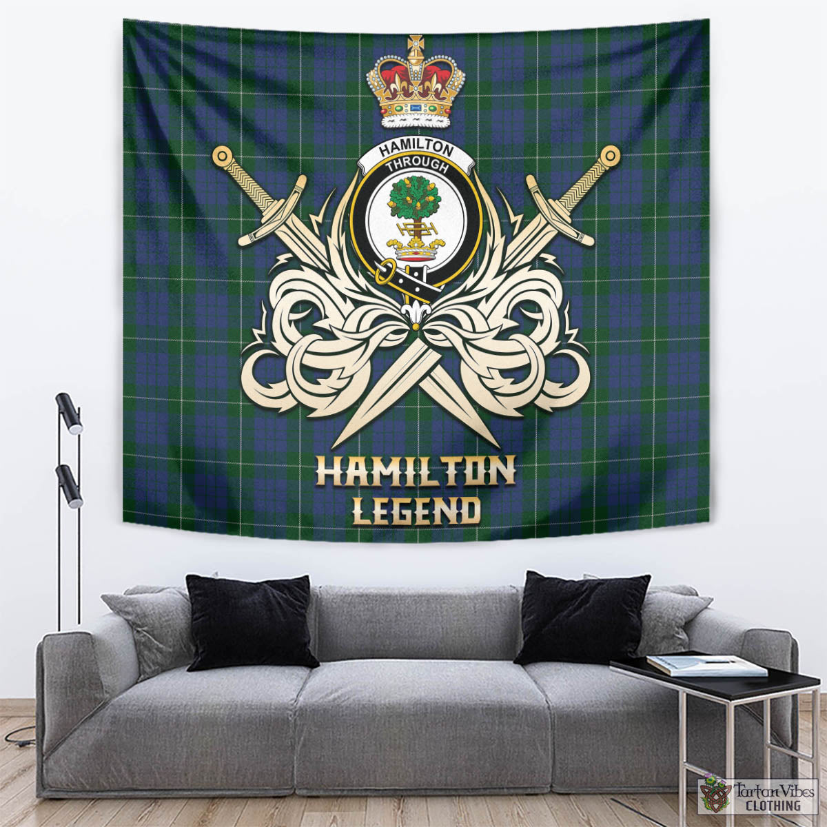 Tartan Vibes Clothing Hamilton Hunting Tartan Tapestry with Clan Crest and the Golden Sword of Courageous Legacy