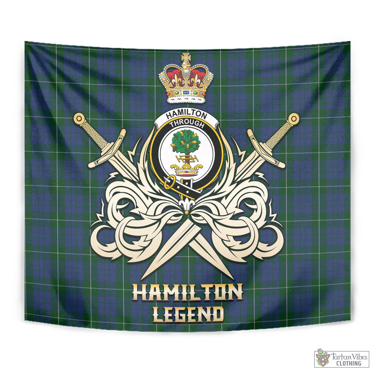 Tartan Vibes Clothing Hamilton Hunting Tartan Tapestry with Clan Crest and the Golden Sword of Courageous Legacy