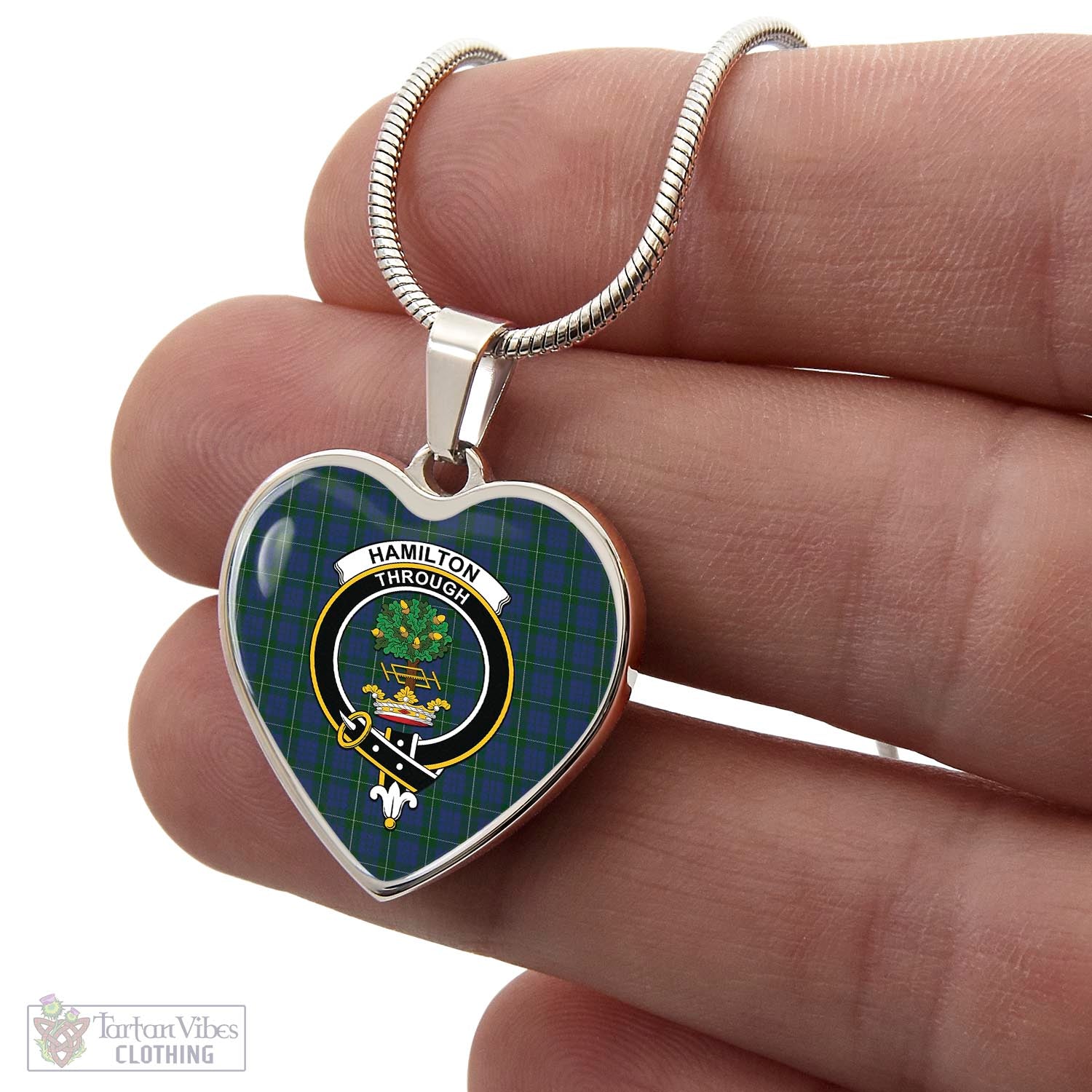 Tartan Vibes Clothing Hamilton Hunting Tartan Heart Necklace with Family Crest