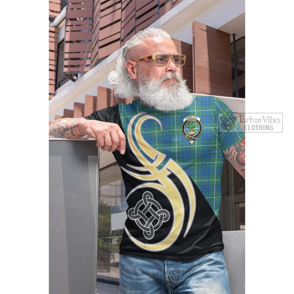 Tartan Vibes Clothing Hamilton Hunting Ancient Tartan Cotton T-shirt with Family Crest and Celtic Symbol Style