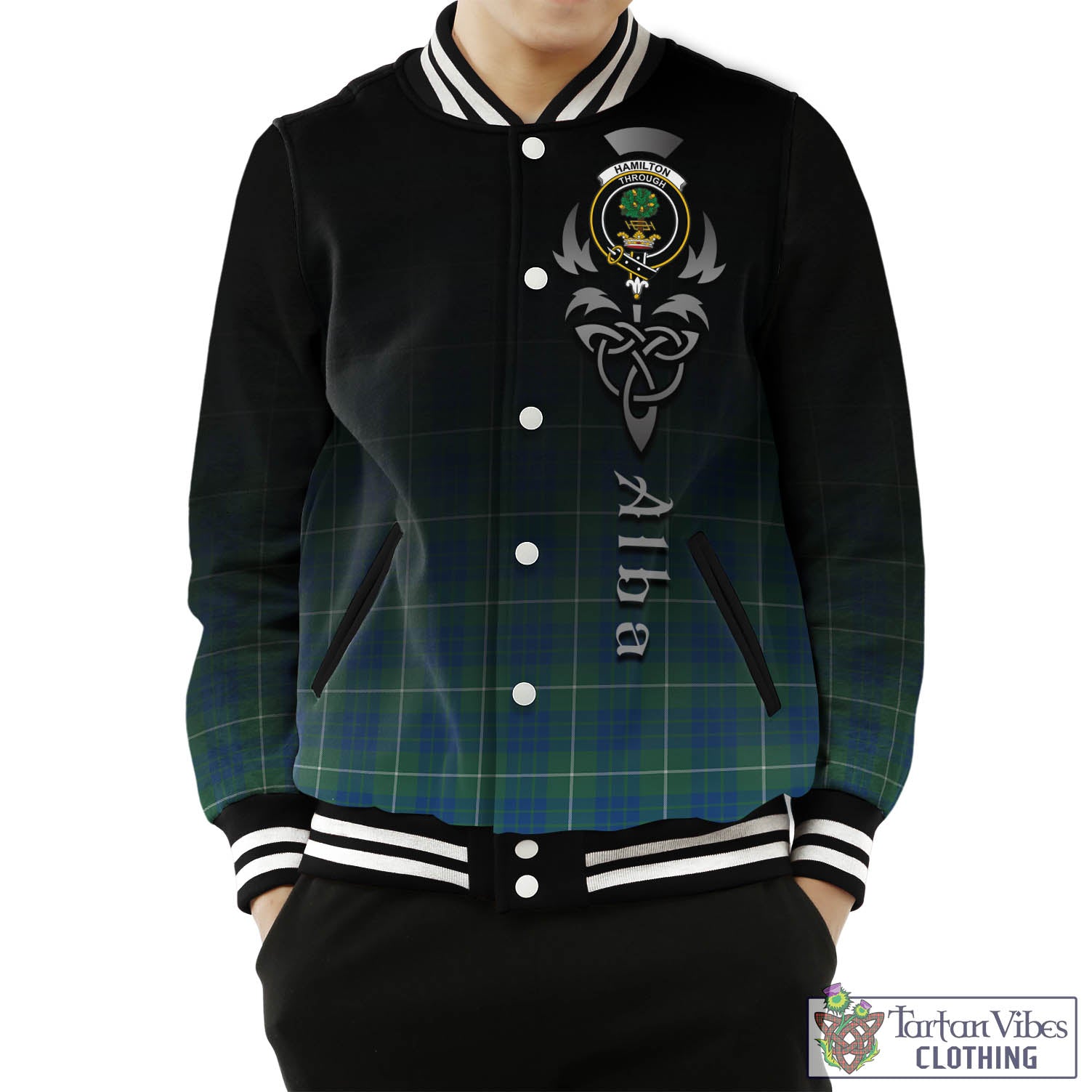 Tartan Vibes Clothing Hamilton Hunting Ancient Tartan Baseball Jacket Featuring Alba Gu Brath Family Crest Celtic Inspired