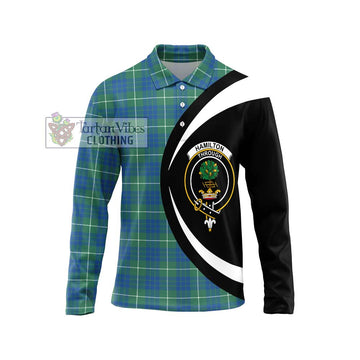 Hamilton Hunting Ancient Tartan Long Sleeve Polo Shirt with Family Crest Circle Style