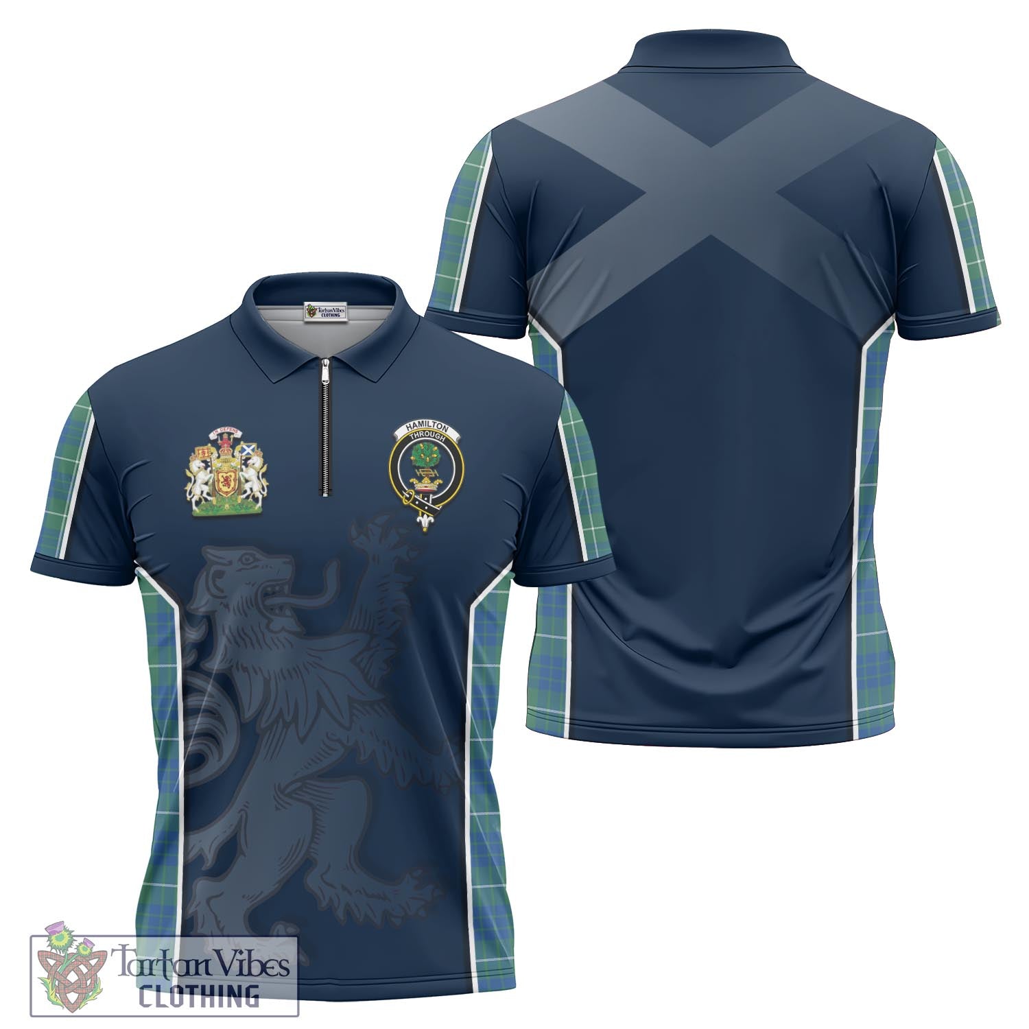 Tartan Vibes Clothing Hamilton Hunting Ancient Tartan Zipper Polo Shirt with Family Crest and Lion Rampant Vibes Sport Style