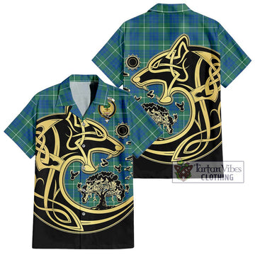 Hamilton Hunting Ancient Tartan Short Sleeve Button Shirt with Family Crest Celtic Wolf Style