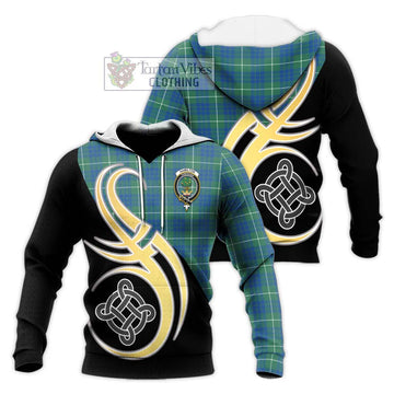 Hamilton Hunting Ancient Tartan Knitted Hoodie with Family Crest and Celtic Symbol Style