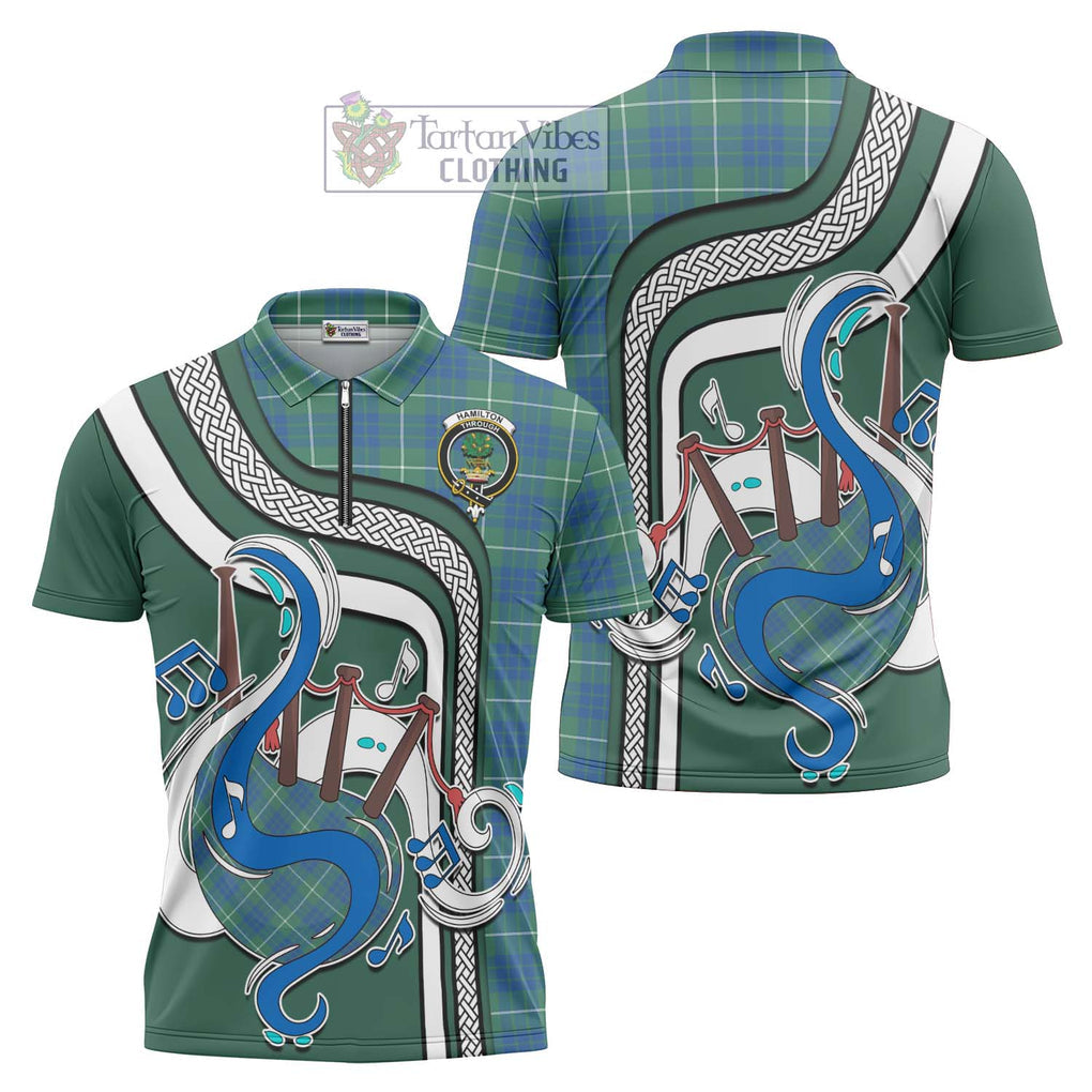 Hamilton Hunting Ancient Tartan Zipper Polo Shirt with Epic Bagpipe Style Unisex - Tartanvibesclothing Shop