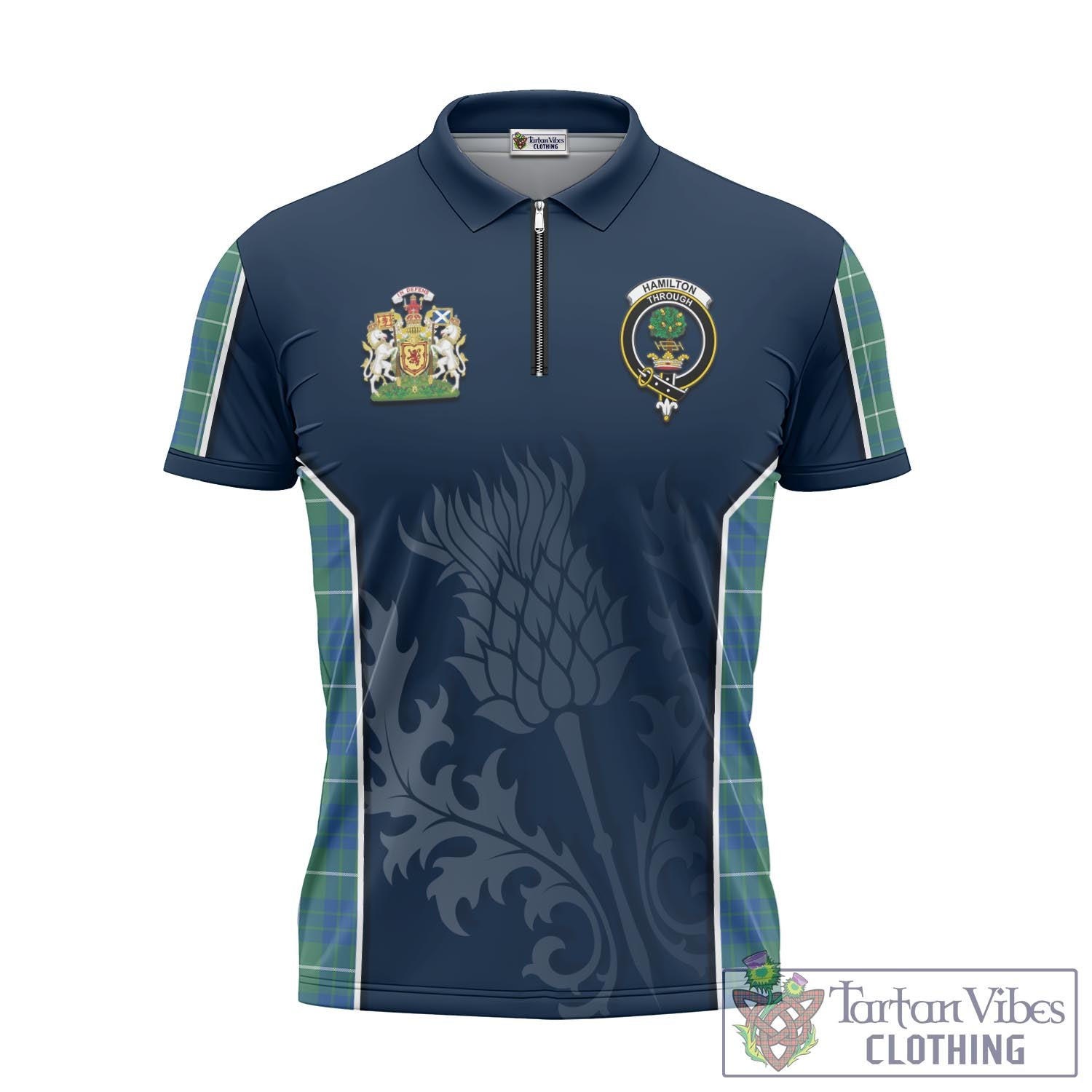 Tartan Vibes Clothing Hamilton Hunting Ancient Tartan Zipper Polo Shirt with Family Crest and Scottish Thistle Vibes Sport Style