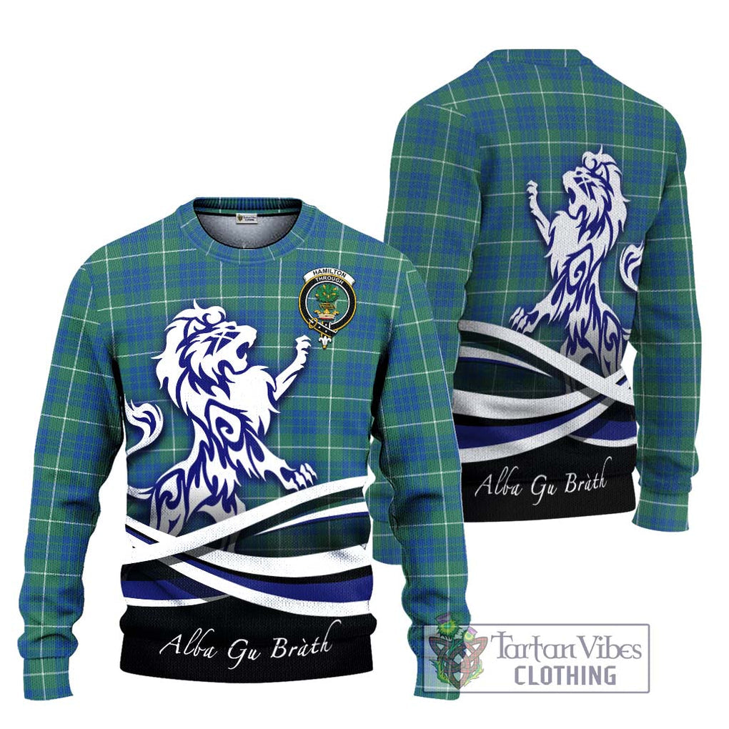 Hamilton Hunting Ancient Tartan Knitted Sweater with Alba Gu Brath Regal Lion Emblem Unisex - Tartanvibesclothing Shop