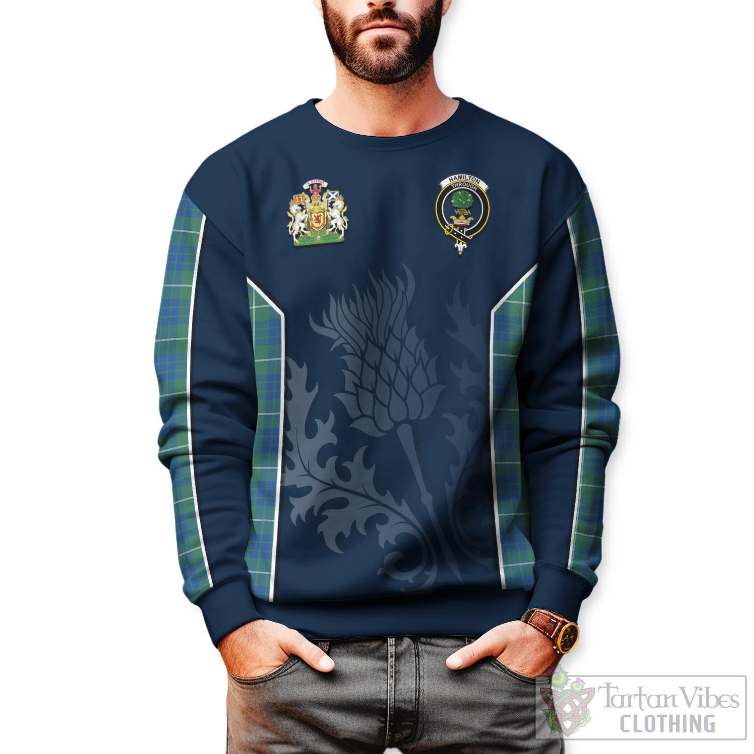 Tartan Vibes Clothing Hamilton Hunting Ancient Tartan Sweatshirt with Family Crest and Scottish Thistle Vibes Sport Style