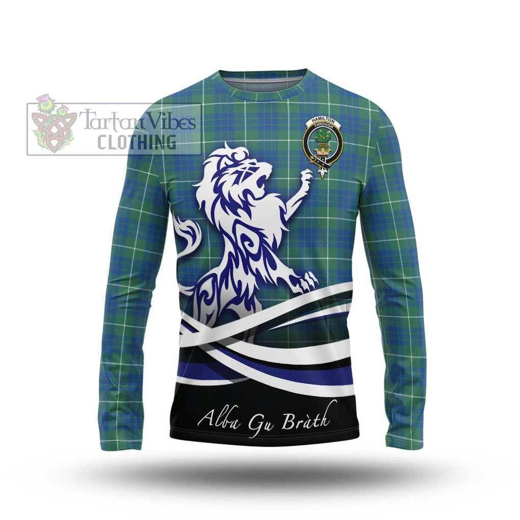 Hamilton Hunting Ancient Tartan Long Sleeve T-Shirt with Alba Gu Brath Regal Lion Emblem Unisex - Tartanvibesclothing Shop