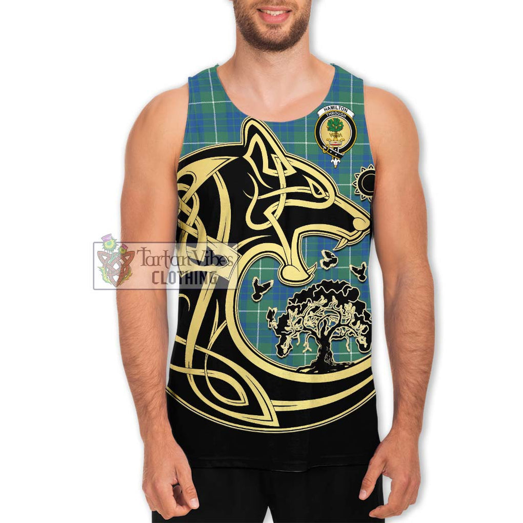 Hamilton Hunting Ancient Tartan Men's Tank Top with Family Crest Celtic Wolf Style Men - Tartan Vibes Clothing