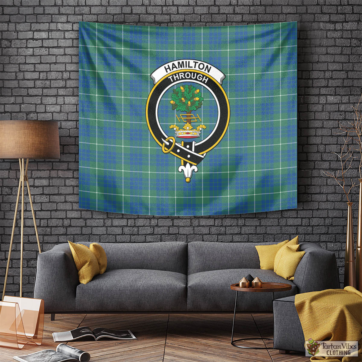 Tartan Vibes Clothing Hamilton Hunting Ancient Tartan Tapestry Wall Hanging and Home Decor for Room with Family Crest