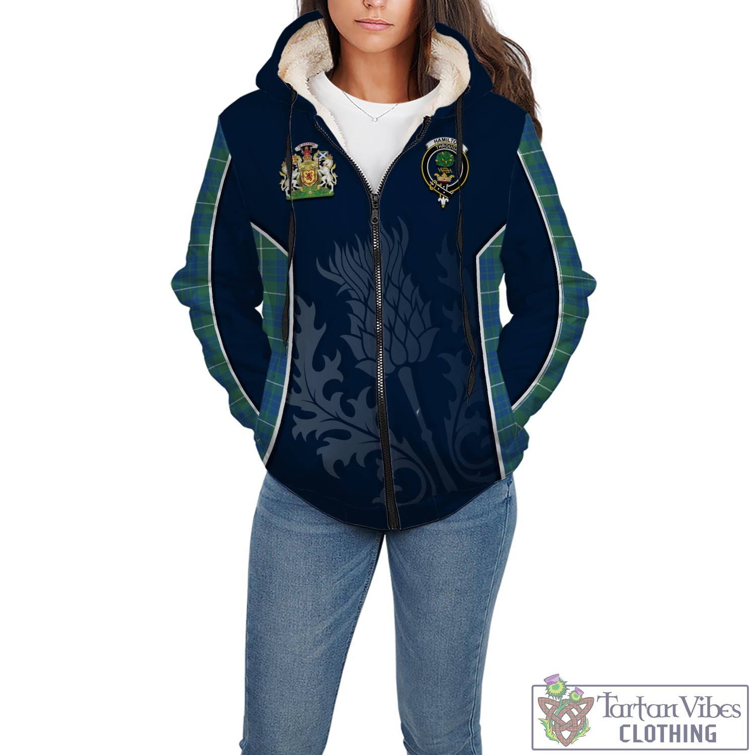 Tartan Vibes Clothing Hamilton Hunting Ancient Tartan Sherpa Hoodie with Family Crest and Scottish Thistle Vibes Sport Style