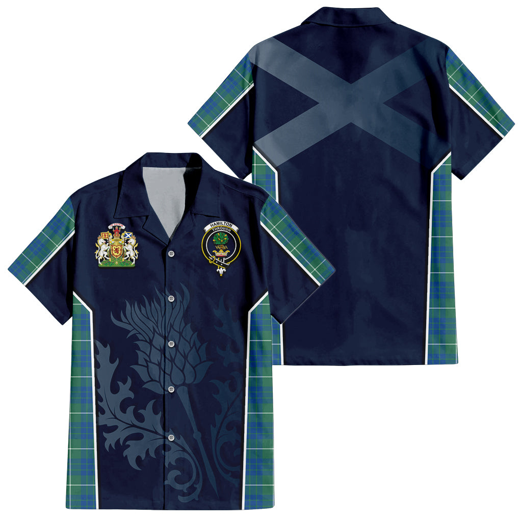 Tartan Vibes Clothing Hamilton Hunting Ancient Tartan Short Sleeve Button Up Shirt with Family Crest and Scottish Thistle Vibes Sport Style