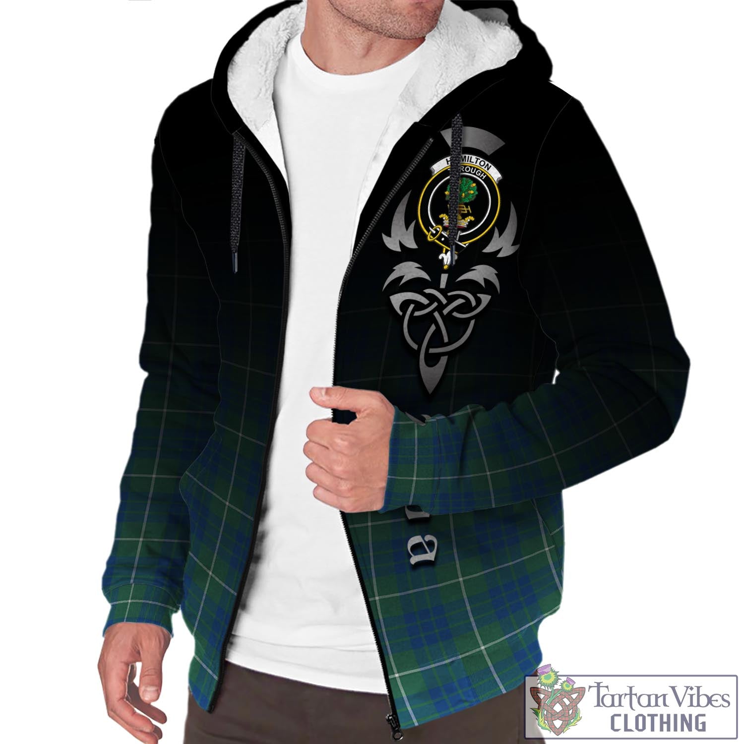 Tartan Vibes Clothing Hamilton Hunting Ancient Tartan Sherpa Hoodie Featuring Alba Gu Brath Family Crest Celtic Inspired