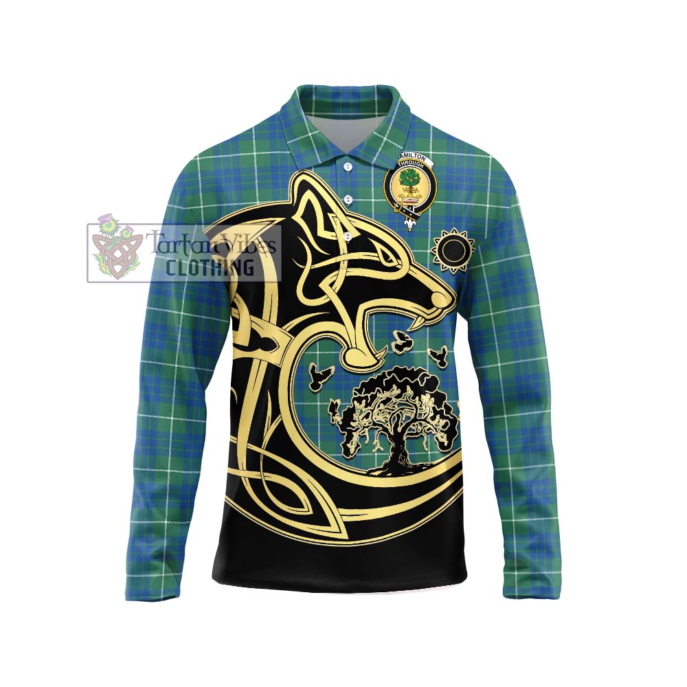 Hamilton Hunting Ancient Tartan Long Sleeve Polo Shirt with Family Crest Celtic Wolf Style Unisex - Tartanvibesclothing Shop