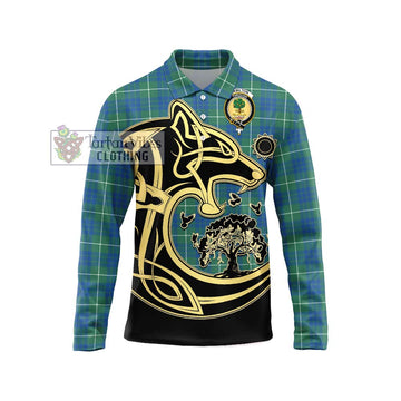 Hamilton Hunting Ancient Tartan Long Sleeve Polo Shirt with Family Crest Celtic Wolf Style