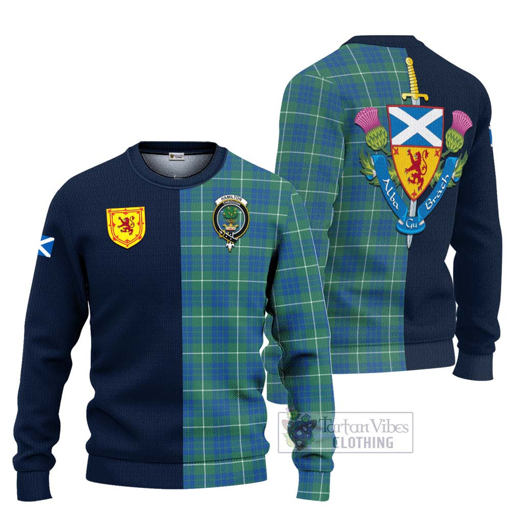 Tartan Vibes Clothing Hamilton Hunting Ancient Tartan Knitted Sweater with Scottish Lion Royal Arm Half Style