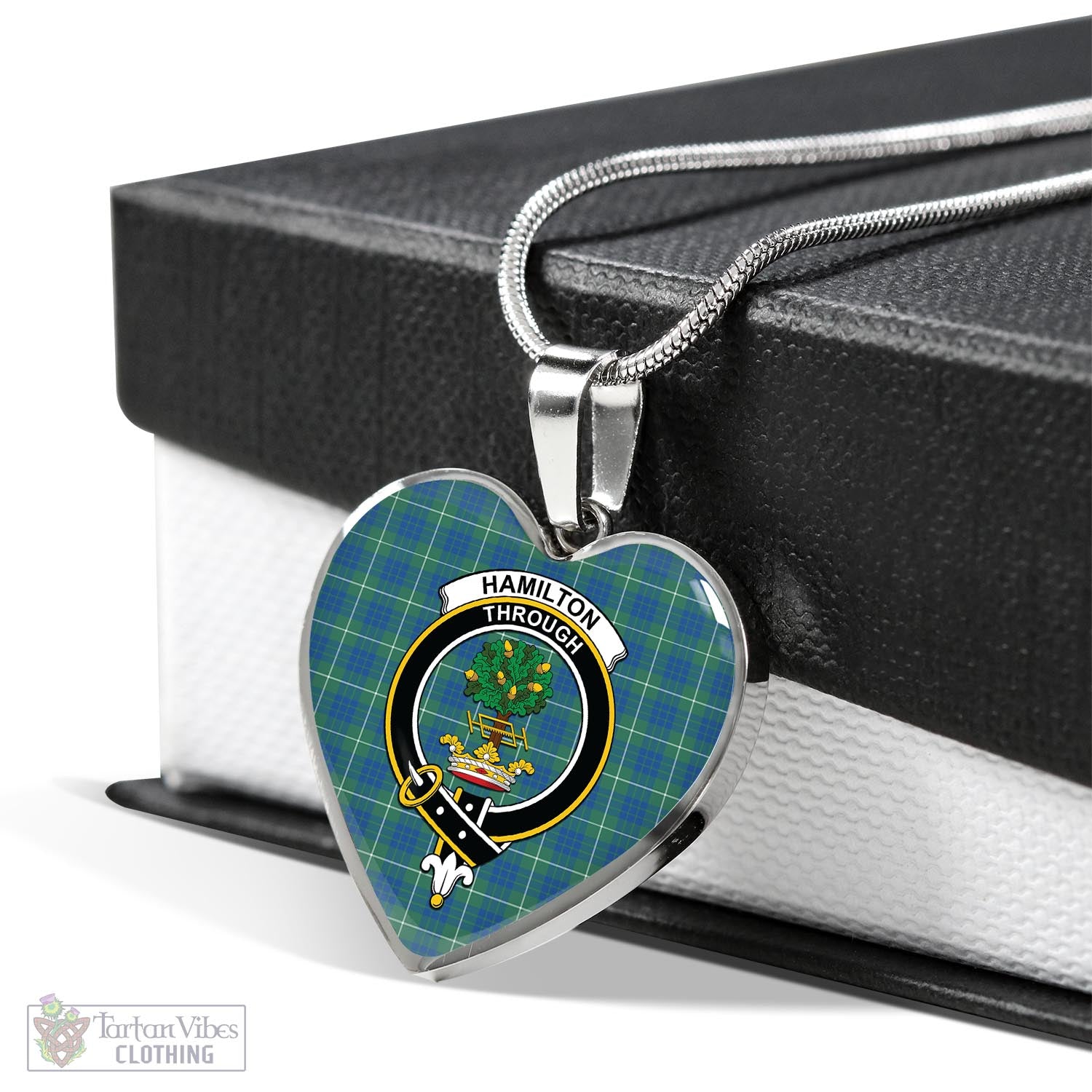 Tartan Vibes Clothing Hamilton Hunting Ancient Tartan Heart Necklace with Family Crest