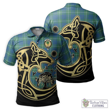 Hamilton Hunting Ancient Tartan Polo Shirt with Family Crest Celtic Wolf Style