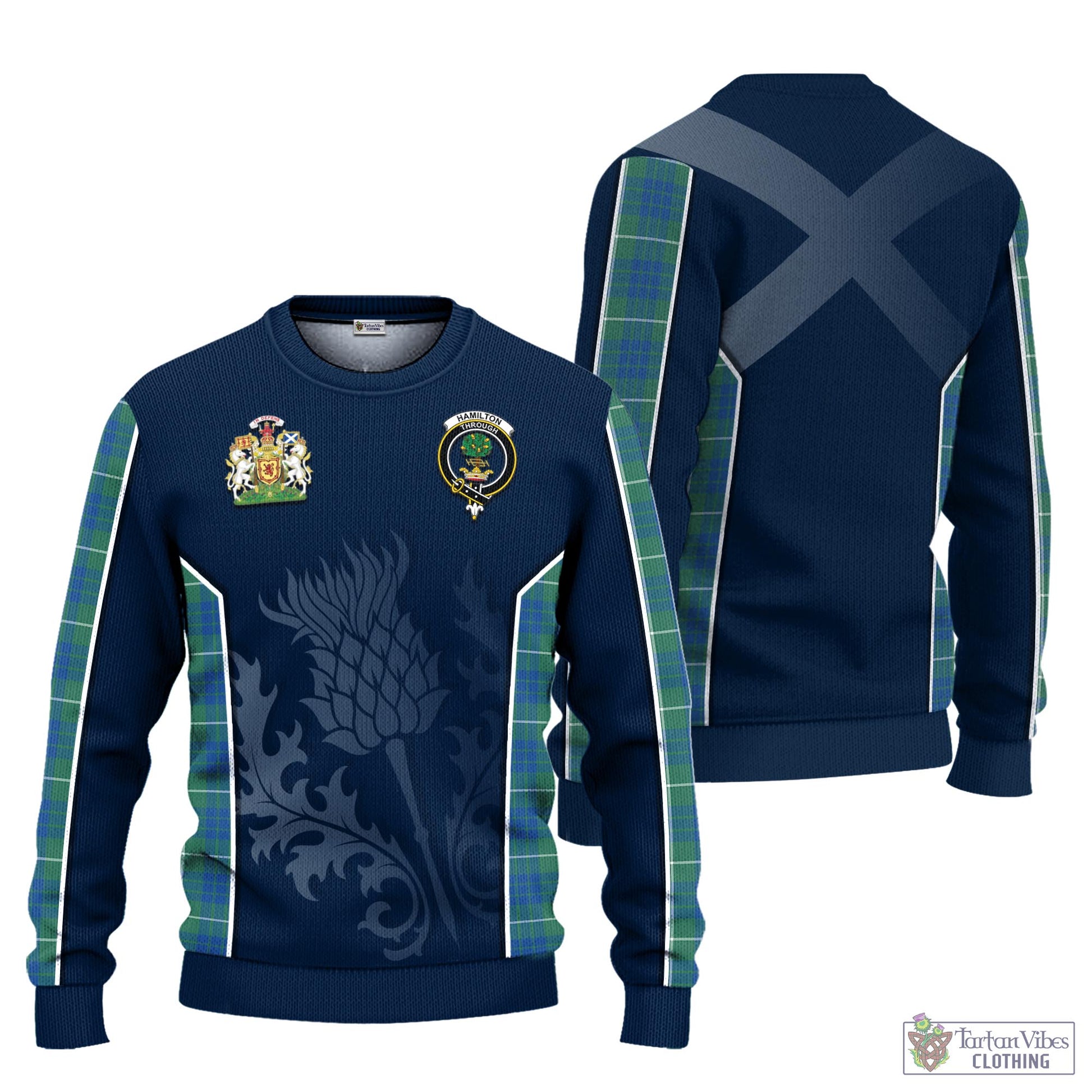 Tartan Vibes Clothing Hamilton Hunting Ancient Tartan Knitted Sweatshirt with Family Crest and Scottish Thistle Vibes Sport Style