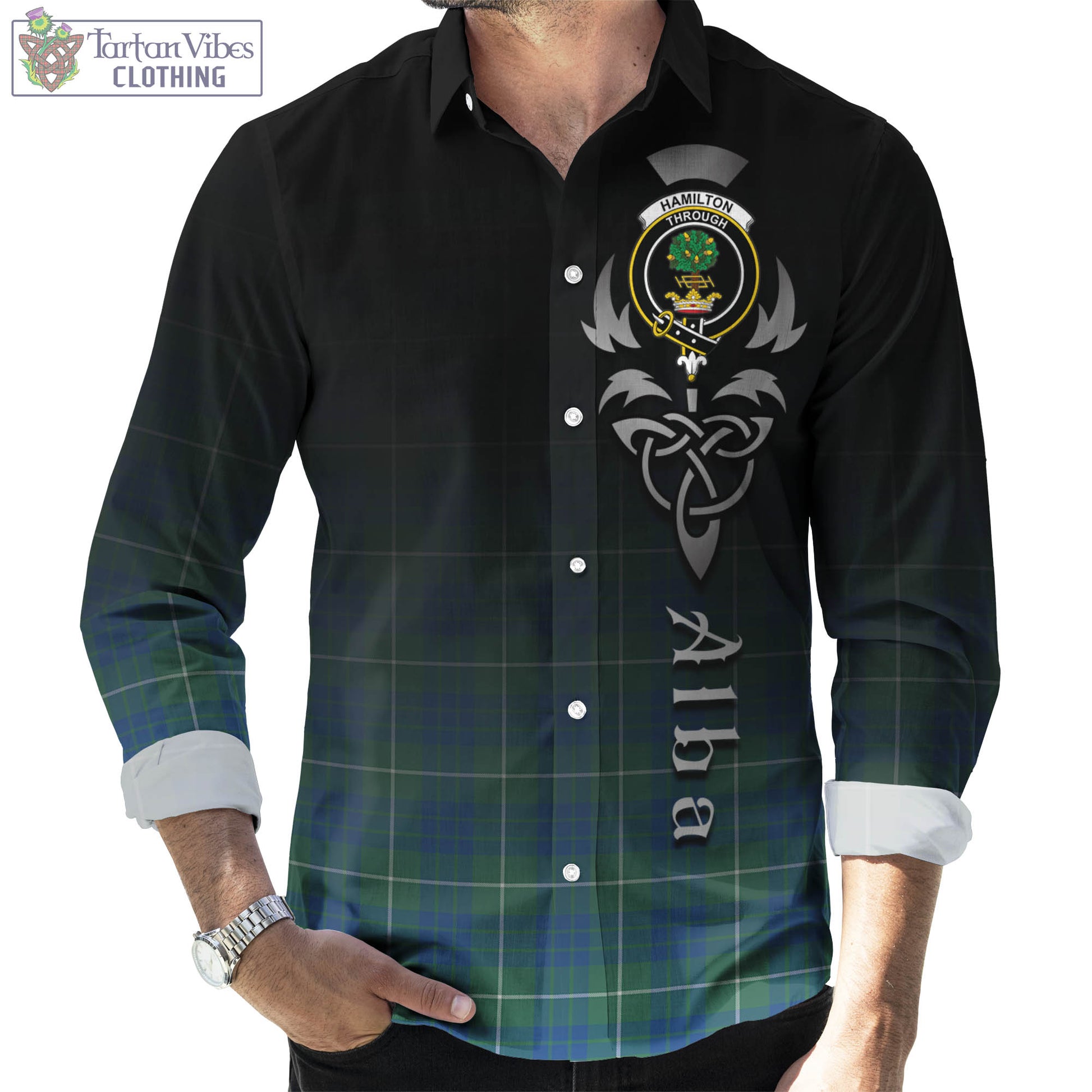 Tartan Vibes Clothing Hamilton Hunting Ancient Tartan Long Sleeve Button Up Featuring Alba Gu Brath Family Crest Celtic Inspired