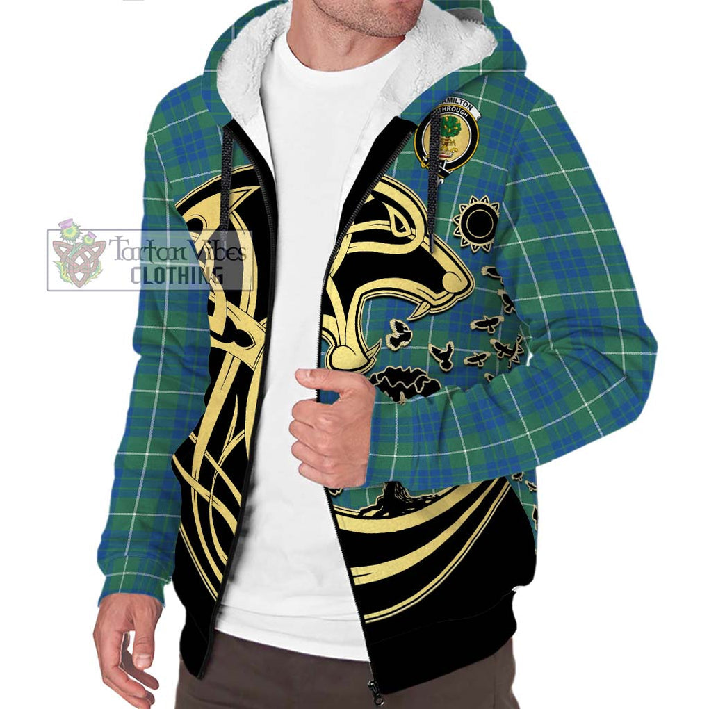 Hamilton Hunting Ancient Tartan Sherpa Hoodie with Family Crest Celtic Wolf Style Unisex S - Tartan Vibes Clothing