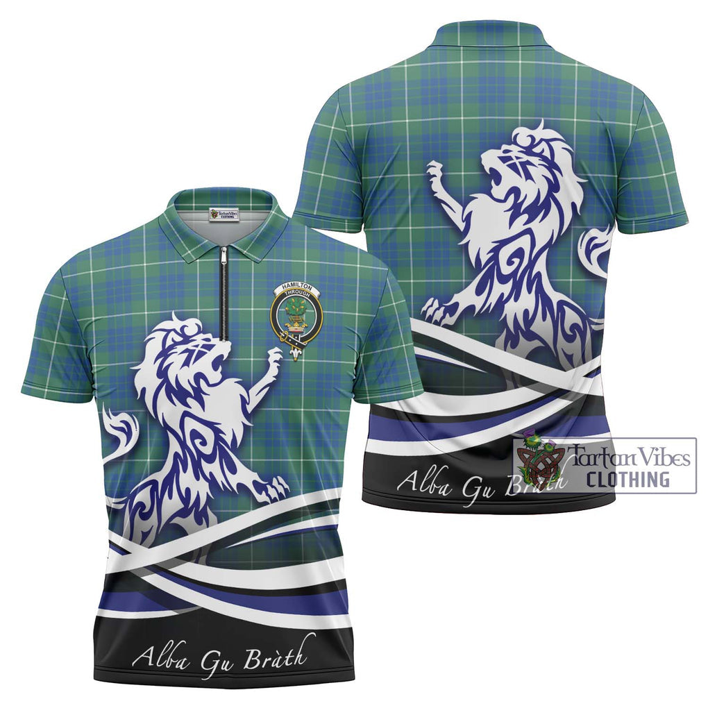 Hamilton Hunting Ancient Tartan Zipper Polo Shirt with Alba Gu Brath Regal Lion Emblem Unisex - Tartanvibesclothing Shop