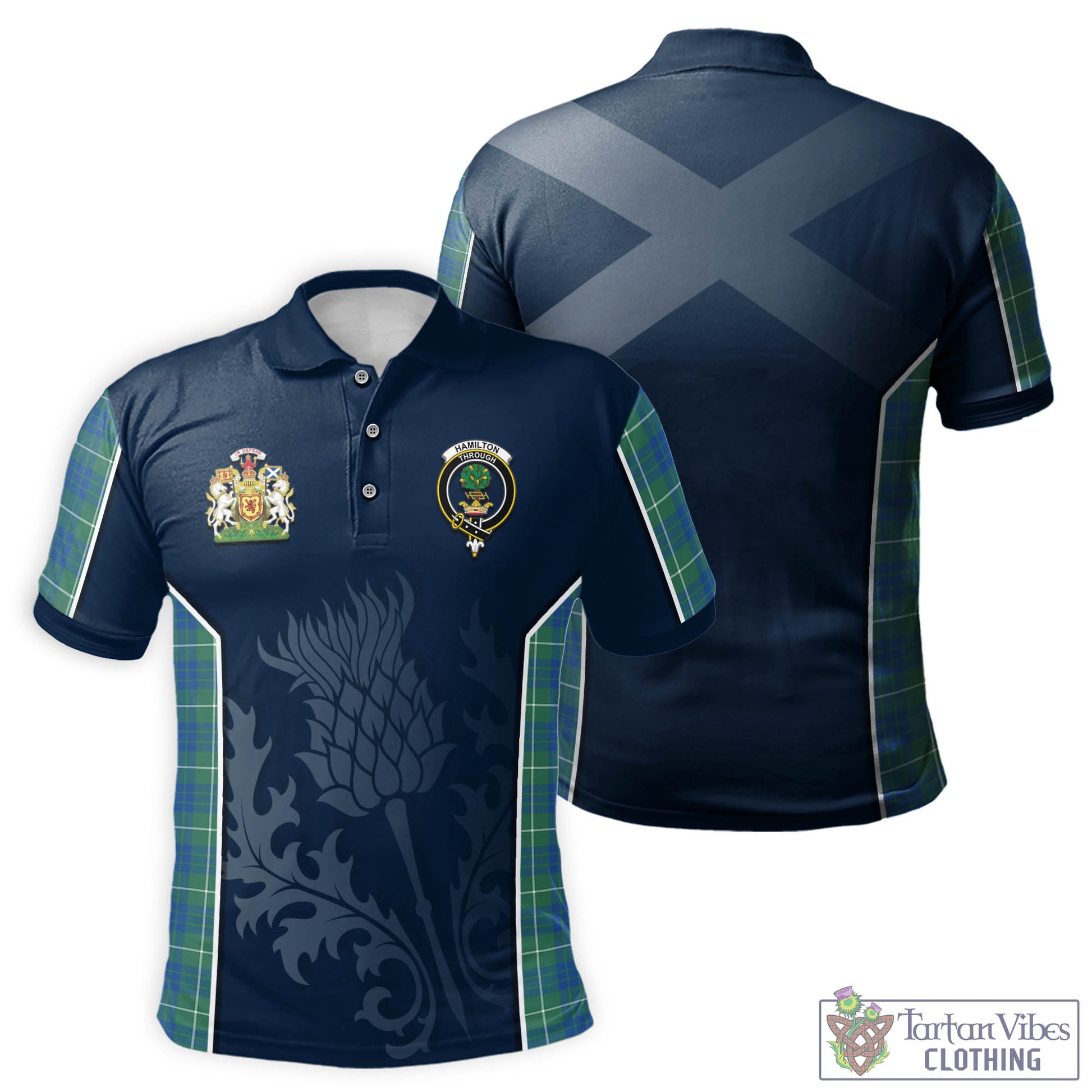 Tartan Vibes Clothing Hamilton Hunting Ancient Tartan Men's Polo Shirt with Family Crest and Scottish Thistle Vibes Sport Style