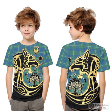 Hamilton Hunting Ancient Tartan Kid T-Shirt with Family Crest Celtic Wolf Style