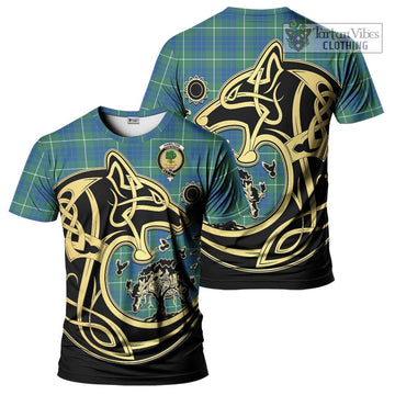 Hamilton Hunting Ancient Tartan T-Shirt with Family Crest Celtic Wolf Style