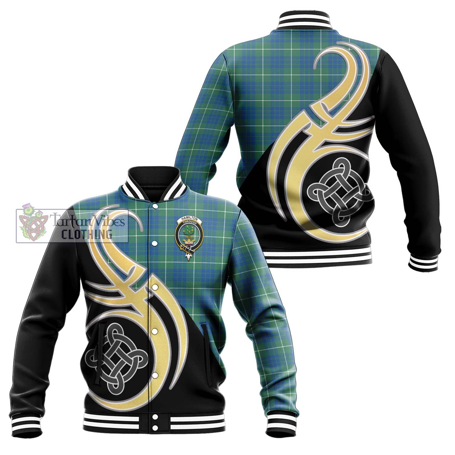 Hamilton Hunting Ancient Tartan Baseball Jacket with Family Crest and Celtic Symbol Style Unisex - Tartan Vibes Clothing