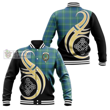 Hamilton Hunting Ancient Tartan Baseball Jacket with Family Crest and Celtic Symbol Style