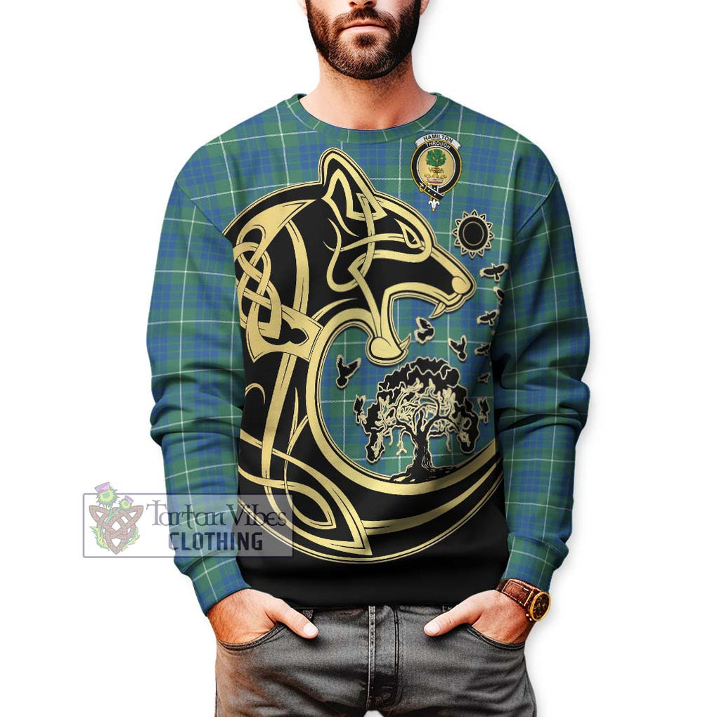 Hamilton Hunting Ancient Tartan Sweatshirt with Family Crest Celtic Wolf Style Unisex - Tartan Vibes Clothing