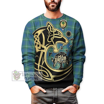 Hamilton Hunting Ancient Tartan Sweatshirt with Family Crest Celtic Wolf Style